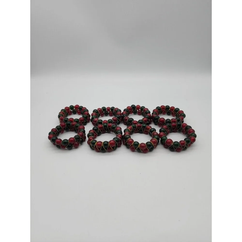 Kemp & Beatly set of 8 Christmas Red & Green Glass Beaded Napkin Ring Holders